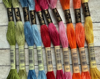 May include: A selection of DMC embroidery floss in shades of green, blue, red, pink, orange, and yellow. Each skein is labelled with a number and brand details. The floss is arranged to showcase the range of colours, ideal for embroidery and craft work.