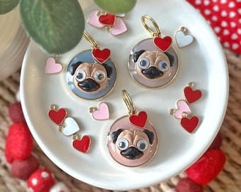 Personalised 3D Pug Resin Dog Tag with Heart Charm
