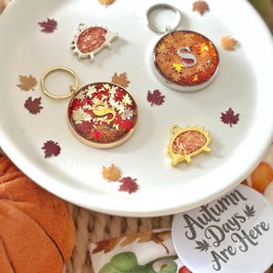 May include: Keyrings and charms featuring autumn leaf and initial designs. The keyrings have gold and silver metal finishes. The charms are shaped like hedgehogs. The image includes a button that says "Autumn Days Are Here".