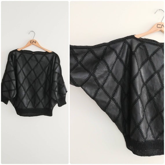 Medium Vintage Womens Black Leather Patchwork Top