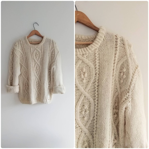 Large Vintage Chunky Cream Sweater Popcorn Cable K