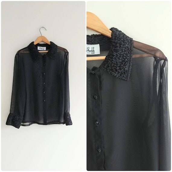 Large Vintage Black Sheer Ribbon Collar Blouse Ove