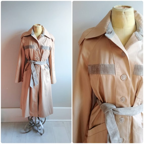 Vintage Womens Tan Suede Trench Coat Belted Long J