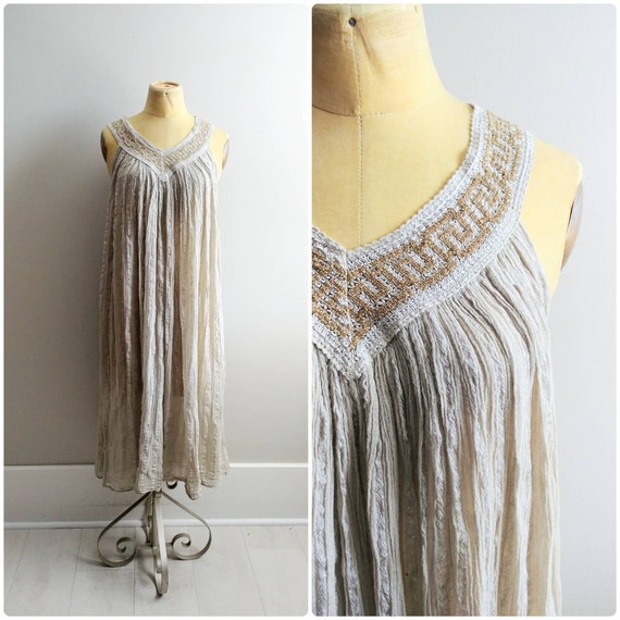 Vintage Cotton Gauze Grey Boho Trapeze Dress Gold