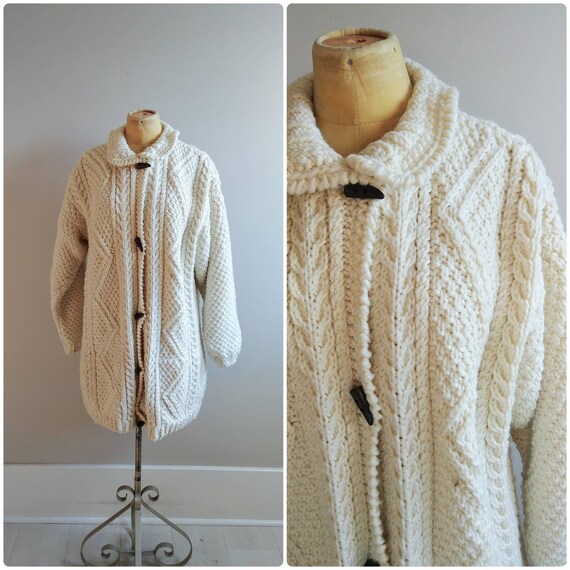 Large Vintage Chunky Sweater Cable Hand Knit Cream