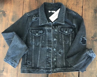 Black Ripped Denim Trucker Jacket | Jean Jacket | Distressed Jean Jacket | 90s Jean Jacket | 90s Denim Jacket | Distressed Denim Jacket |