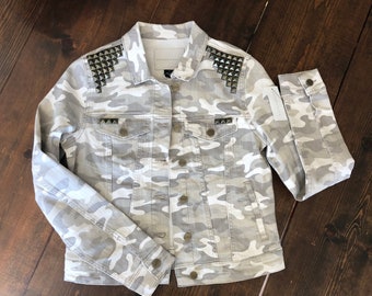 Studded Camo Crop Trucker Denim Jacket | Crop Trucker Jean Jacket | Camo Jean Jacket | Camo Outerwear | Studded Jacket | 90s Jean Jacket