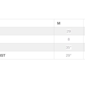May include: Size chart for clothing with measurements in inches for letter size, denim size, USA size, bust, and natural waist. Sizes include M and XL.