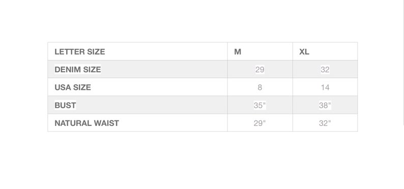 May include: Size chart for clothing with measurements in inches for letter size, denim size, USA size, bust, and natural waist. Sizes include M and XL.