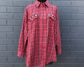 Studded Flannel Shirt | Red Flannel | Oversized Flannel | Flannel Tunic | Punk flannel | Grunge Shirt | Black Studded Flannel | Black Studs