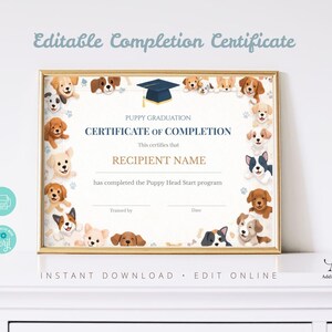 May include: A gold-framed certificate with a puppy graduation theme. The certificate features a blue graduation cap, paw prints, and illustrations of various puppies. Text includes "Puppy Graduation Certificate of Completion" and "Recipient Name."