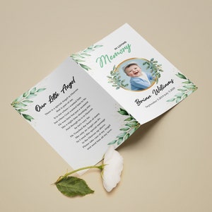 Bloemenbegrafenisprogrammasjabloon voor kinderen. Kinderbegrafenis. Sjabloon voor overlijdensberichten Begrafenisprogrammasjabloon met gratis bedankkaart.