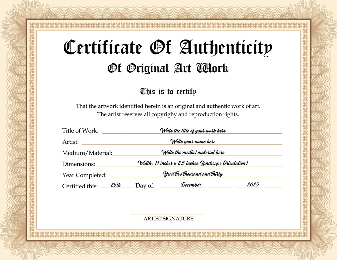 Buy Printable Blank PDF Certificate of Authenticity for Artwork. DIY