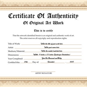 Printable Blank PDF Certificate of Authenticity for Artwork. DIY Authenticity Certificate.