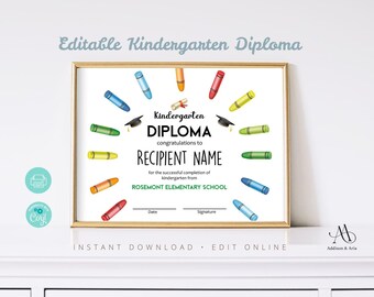 Editable Printable Preschool Kindergarten Diploma. Customizable Graduation Certificate. Printable Editable Template.