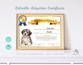 Certificate of Pet Adoption to Our Family. Editable Printable Adoption Certificate Template. Dog Cat Adoption. Cat Adoption.