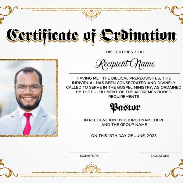 Editable Ordained Minister Certificate Template Etsy