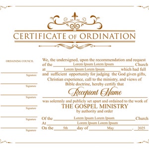 Bewerkbare geordende minister certificaatsjabloon. Afdrukbaar certificaat van wijding. Elegant wijdingscertificaat. Directe download.