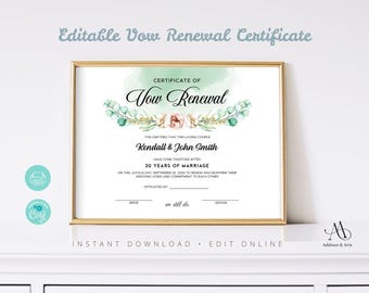 Vow Renewal Certificate. Editable Printable Wedding Certificate Template. Elegant Certificate of Vow Renewal.