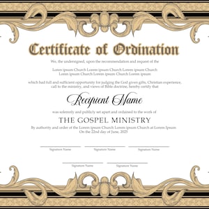 Bearbeitbare Zertifikatsvorlage für einen ordinierten Geistlichen Geist. Druckbare Ordinationsurkunde. Elegantes Ordinationszertifikat. Sofort Download.