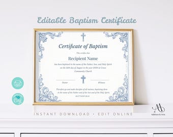 Modello di certificato di battesimo modificabile. Certificato di battesimo stampabile.
