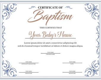 Editable Certificate of Baptism. DIY Baptism Template. Downloadable and Printable Church Form.