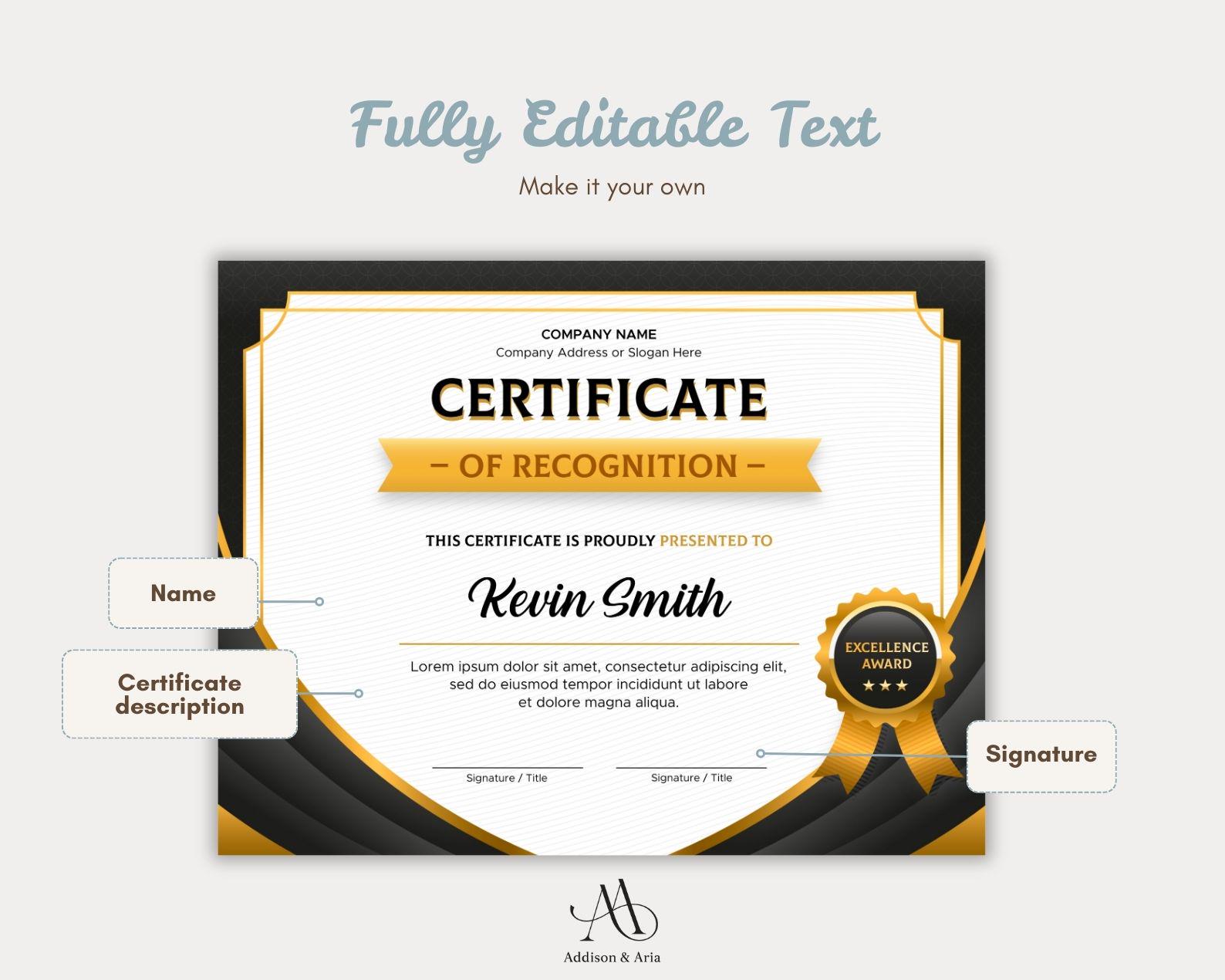 Editable Certificate of Recognition Template. Editable Printable ...