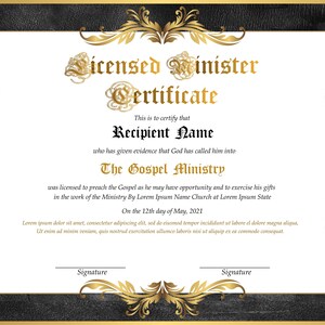 Bearbeitbare Vorlage für lizenzierte Ministerzertifikate. Druckbare Ordinationsurkunde. Elegantes Ordinationszertifikat. Sofortiger Download.