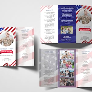 May include: A tri-fold funeral program with a red, white, and blue American flag design. The program includes an order of service, obituary, and acknowledgements. The program features a photo of a man in military uniform. The text on the program includes the name "Charles Smith" and the dates "April 1970 - May 2021".