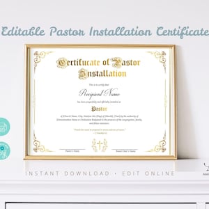 Edytowalny szablon Certyfikatu Instalacji Pastora. Certyfikat Instalacji do druku. Elegancki Certyfikat Posługi. Natychmiastowe pobranie.