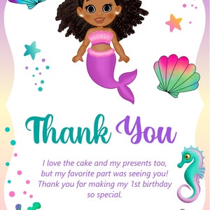 Carte de remerciement d’anniversaire de sirène.   Anniversaire de la sirène de la fille noire.  Téléchargement instantané.