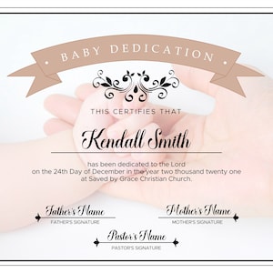 Certificado de dedicação do bebê para impressão. Certificado de batizado de bebê editável.
