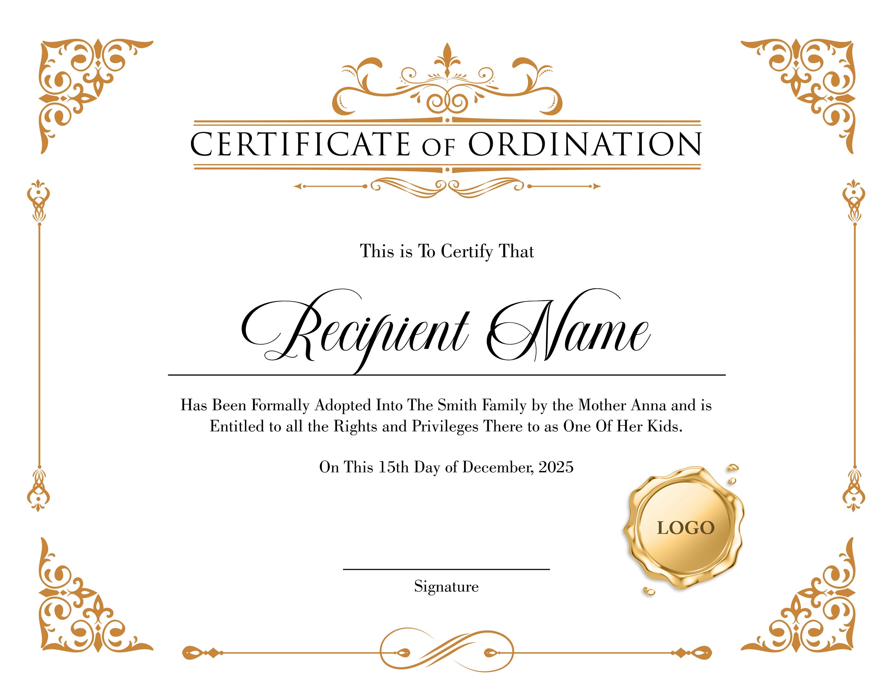 Editable Ordained Minister Certificate Template. Printable - Etsy