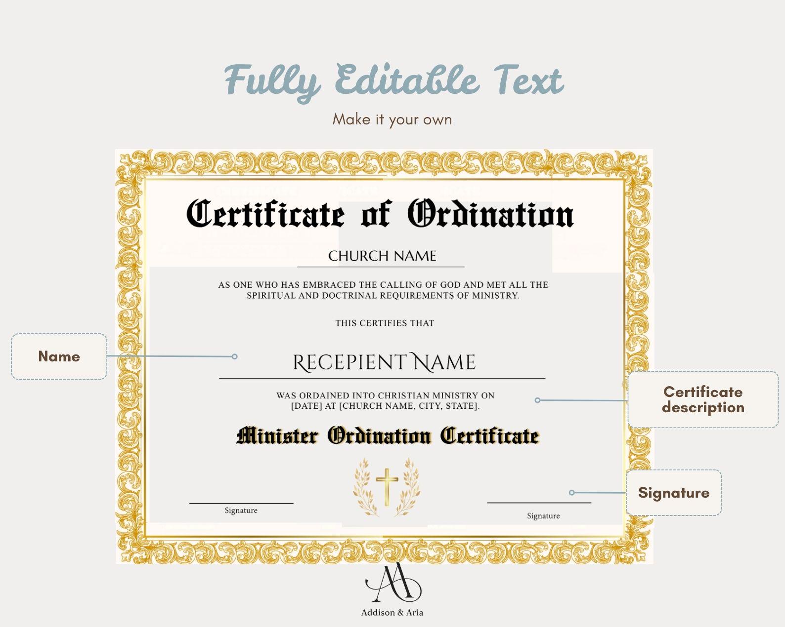 Editable Ordination Application Form Editable Certificate of Ordination Template. Printable Ordination ...