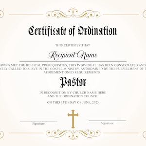 Modello di certificato di ministro ordinato modificabile. Certificato di ordinazione stampabile. Elegante certificato di ordinazione. Download istantaneo.