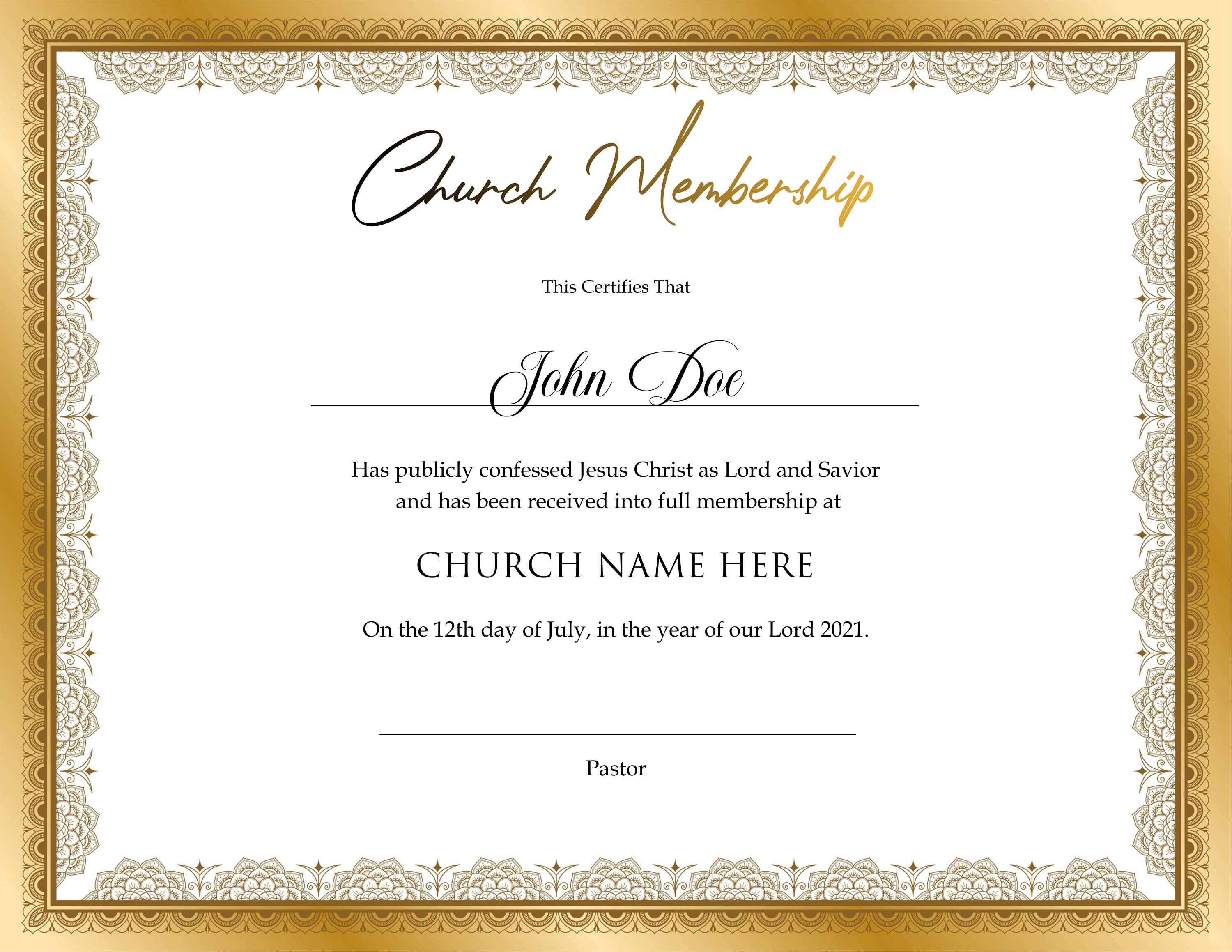 Editable Church Membership Certificate Template. Printable Certificate