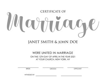 Certificat de mariage modifiable. Modèle de certificat de mariage imprimable modifiable. Certificat de mariage élégant.