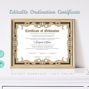 Editable Ordained Minister Certificate Template. Printable Certificate of Ordination. Elegant Ordination Certificate. Instant Download.