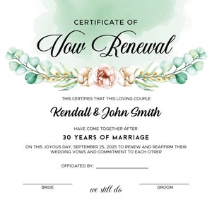 Certificat de renouvellement de vœux. Modèle de certificat de mariage imprimable modifiable. Élégant certificat de renouvellement de vœux.