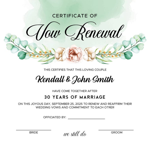 Vow Renewal Certificate. Editable Printable Wedding Certificate Template. Elegant Certificate of Vow Renewal.
