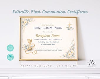 Plantilla editable para certificado de Primera Comunión. Certificado de Comunión imprimible. Elegante certificado cristiano. Descarga inmediata.