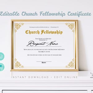 Editable Certificate of Church Fellowship Template. Printable Fellowship Certificate. Elegant Christian Certificate. Instant Download.
