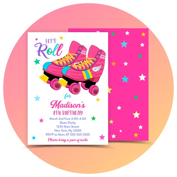 Roller Skating Birthday Invitation Instant Download. Let's Roll Roller Skate Party Invitation. Girls Birthday Invite.