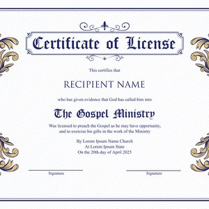 Bearbeitbare Zertifikatsvorlage für einen ordinierten Geistlichen Geist. Druckbare Ordinationsurkunde. Lizenz-Zertifikat. Sofort Download.
