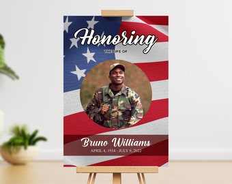 May include: A memorial poster with a photo of a man in military uniform against a red, white, and blue American flag background. The text reads "Honoring The Life Of Bruno Williams April 4, 1934 - July 9, 2022".