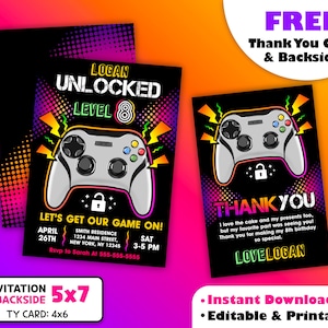 Invitation de fête d'anniversaire déverrouillée au niveau du jeu vidéo avec carte de remerciement gratuite pour les 1 à 13 ans incluse Imprimable modifiable en téléchargement numérique instantané