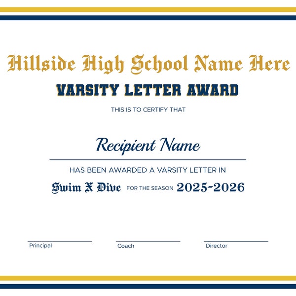 Editable Varsity Letter Award Template. Swim & Dive Template. JV Junior Varsity Achievement Sports Certificate Award