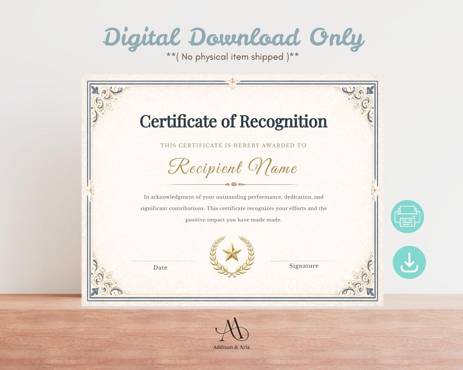 Editable Certificate of Recognition Template. Editable Printable ...