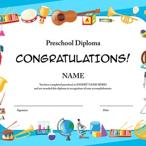 Diploma de jardín de infantes imprimible editable. Certificado de graduación personalizable. Plantilla editable imprimible.