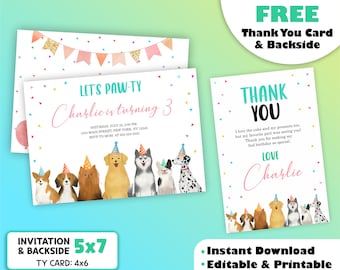 Let's Pawty Birthday. Dog Birthday Party Invitation With Free Thank You Card. Editable Printable Puppy Birthday Invitation.